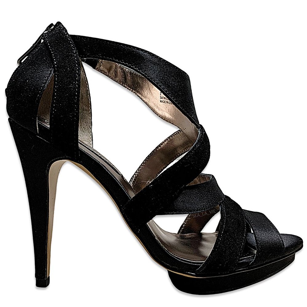 BCBGMAXAZRIA Rosalind Calf Suede + Satin Strappy Sandal in Black